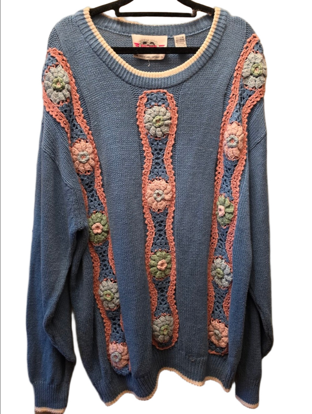 Vintage 90s Plus Size Crochet Floral Ramie Cotton Sweater 20W Cottagecore